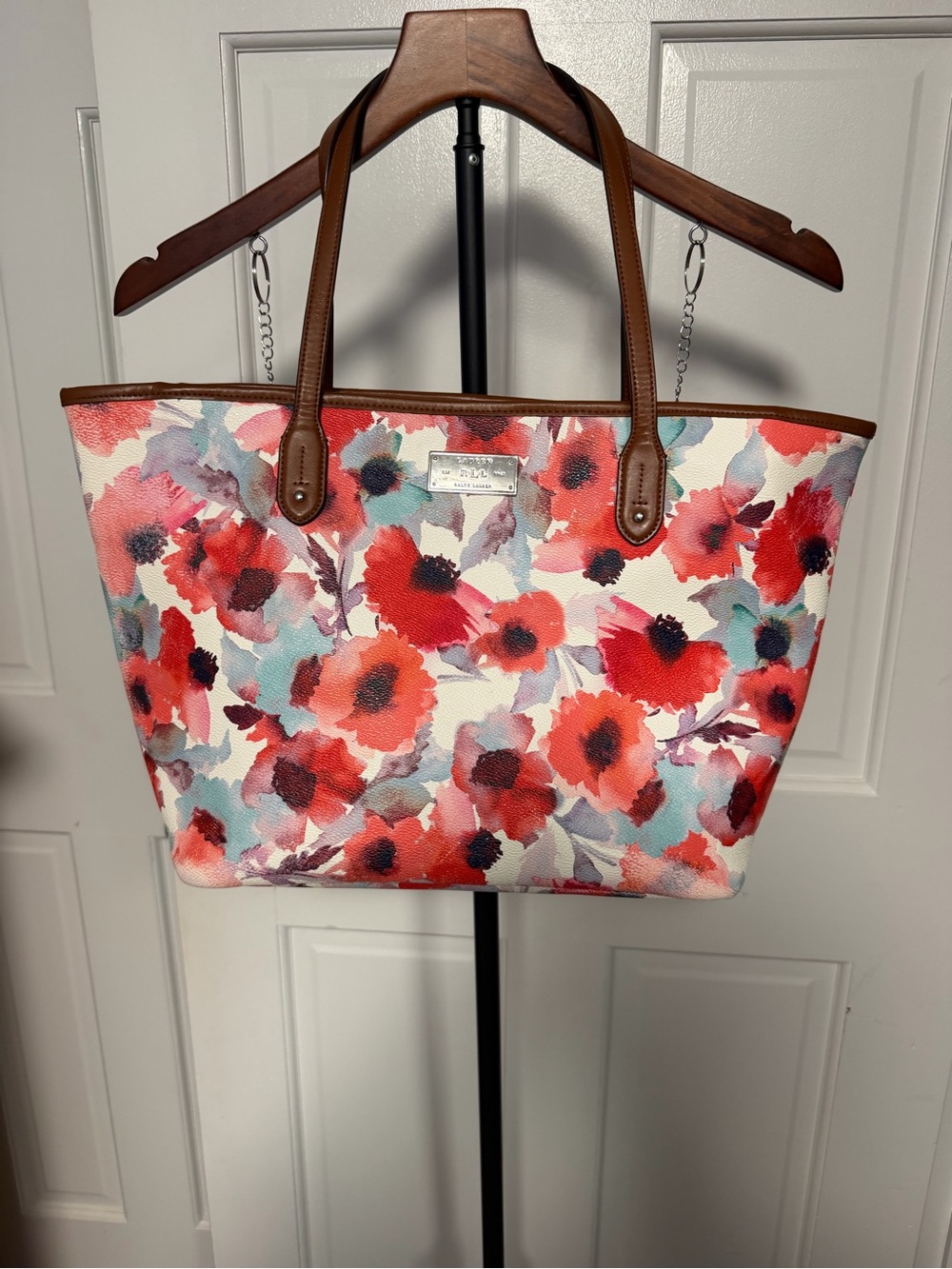 Lauren Ralph Lauren Floral Canvas Tote in Red, Coral & Blue with Brown Trim - Picture 2 of 12